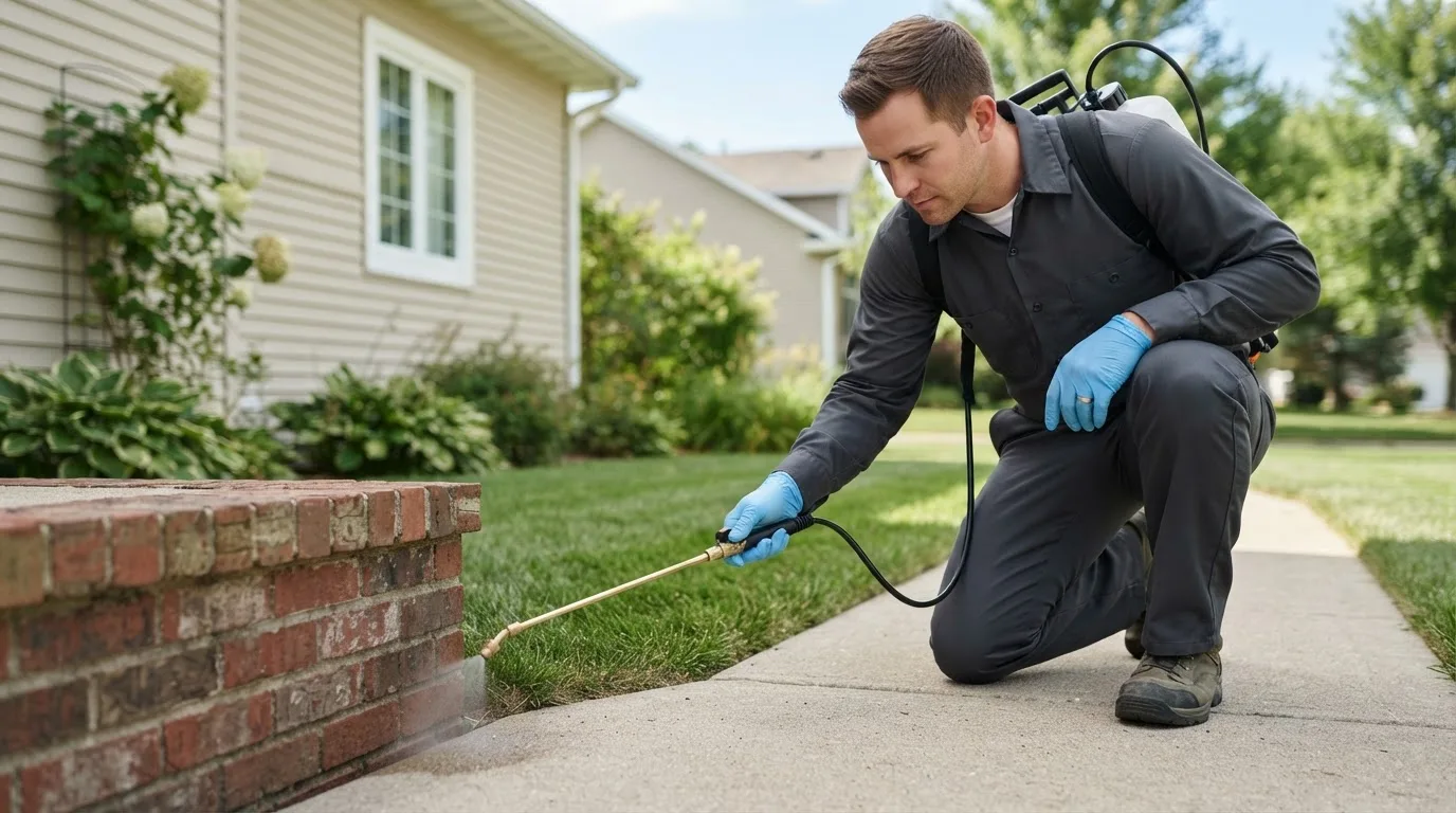 Pest control technician treating a home near Muscatine, IA
