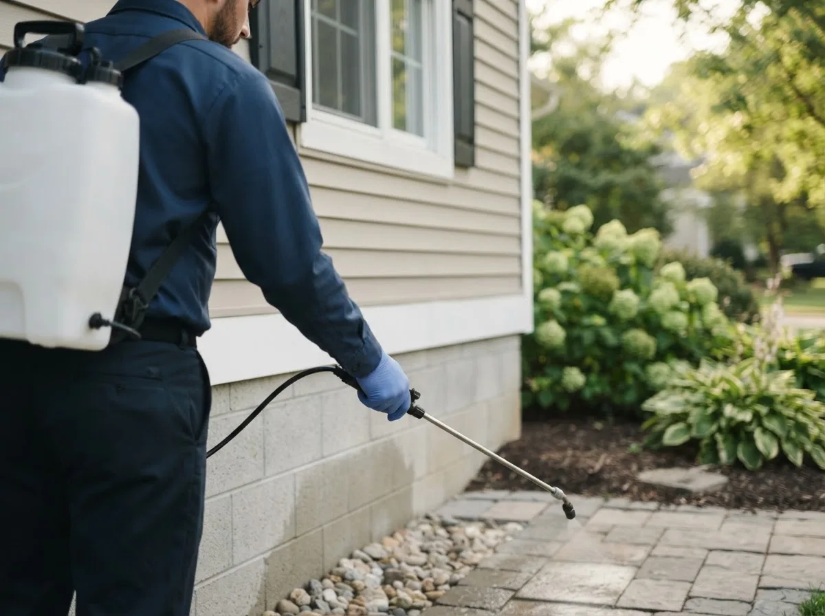 Pest control technician inspecting a home in Muscatine, IA